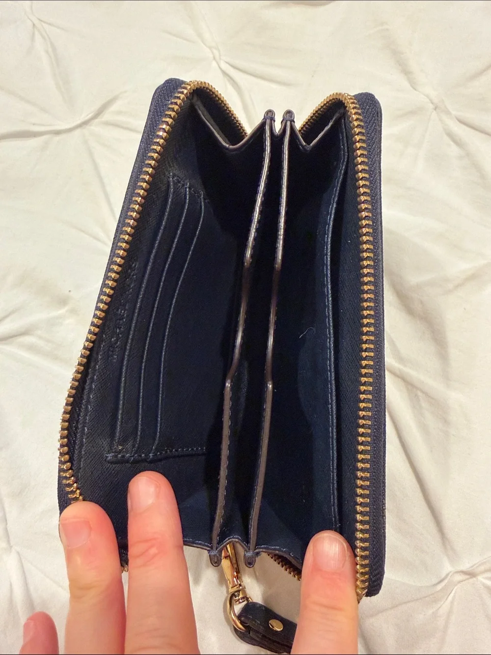Michael Kors Blue Leather Zip Wristlet with Gold Plaque